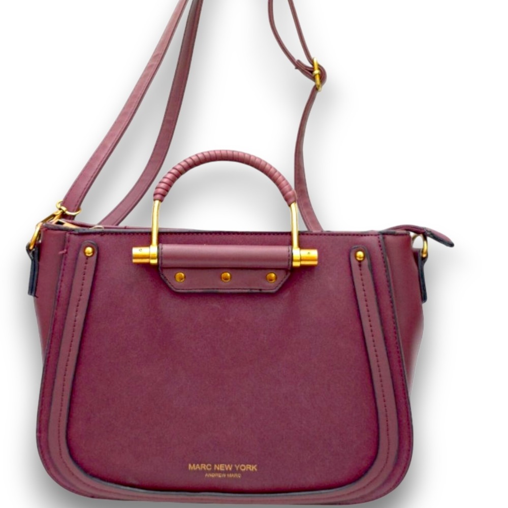 Andrew Marc New York Burgundy Faux Leather Crossbody Satchel Bag Gold Hardware